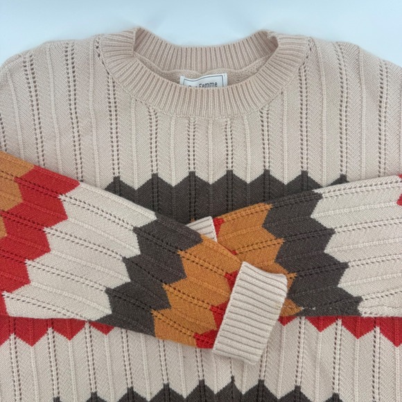 Ces Femme Sweater Medium Tan Brown Red Chevron Knit Pullover Long Sleeve - Picture 1 of 10